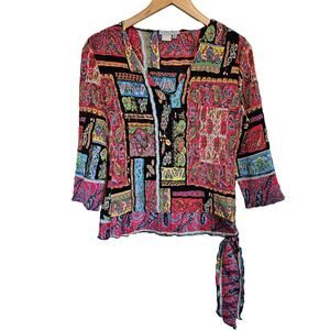 Alberto Makali Crinkle V-Neck 3/4 Sleeve Top Blouse Women's Medium Art to Wear